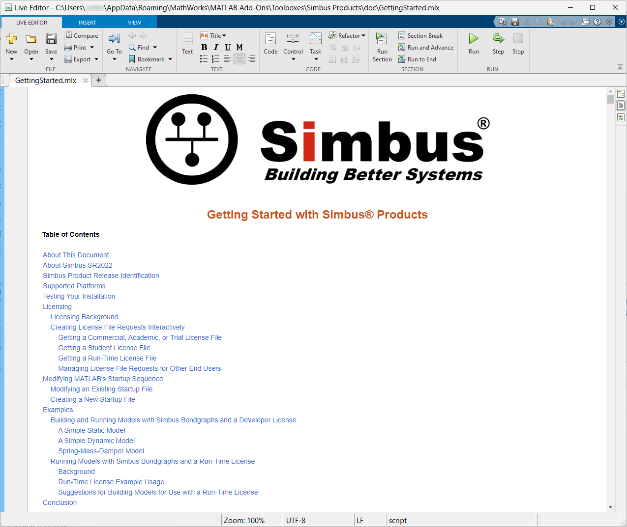 An image of the GettingStarted document that can be opened following successful installation of Simbus Products.