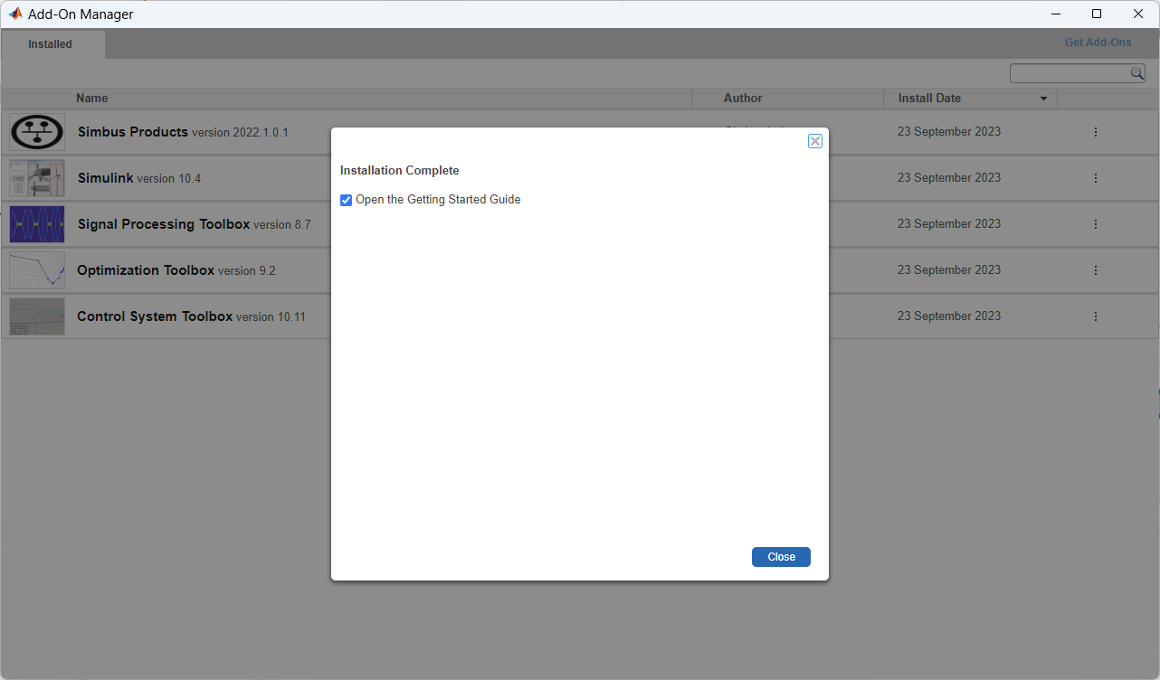 An image of the MATLAB Add-On Manager showing successful installation of Simbus Products.