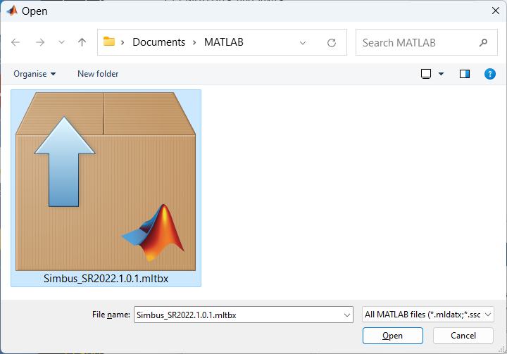 An image to show how the Simbus Distribution File (a MATLAB toolbox file) is selected.