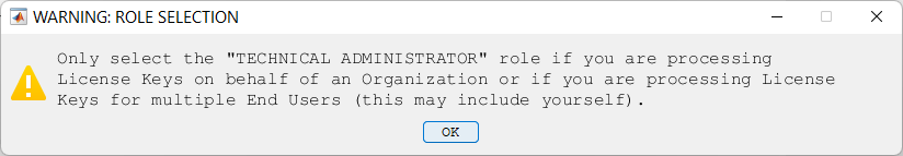 An image of the role selection warning that is raised by GetMyLicenseFile when you are requested a license file to use Simbus products.