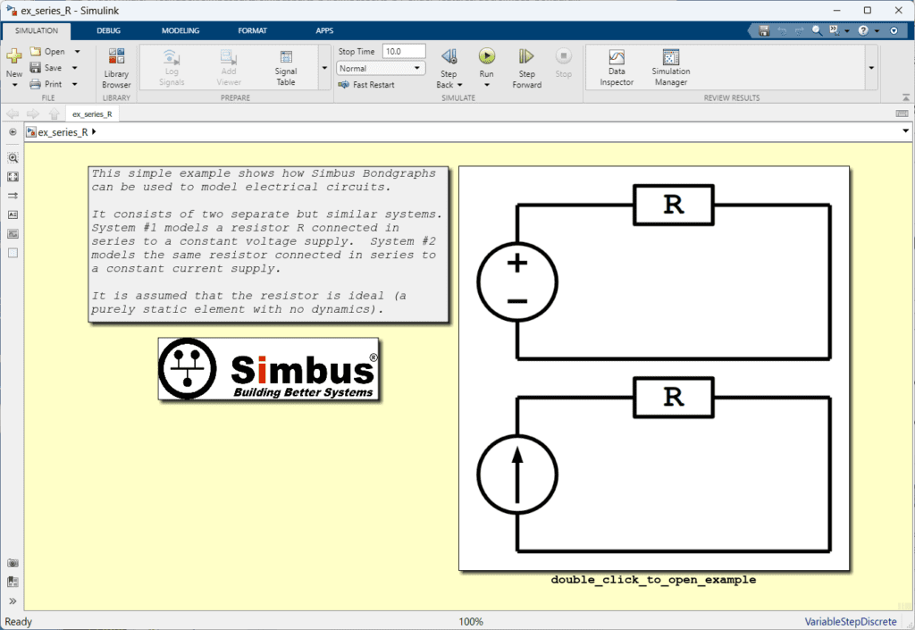 An image of an example model in Simbus Bondgraphs software for MATLAB and Simulink that contains a bond graph of a 1-port resistance in series with a power source.