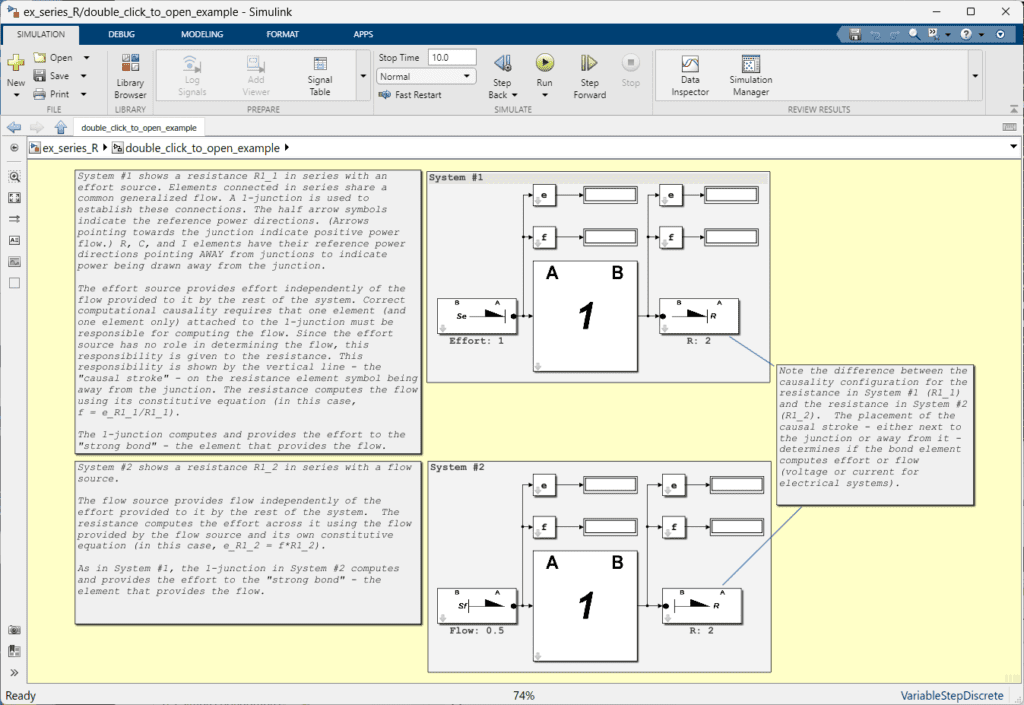 An image of the internals of the ex_series_R example provided with Simbus Bondgraphs indicating successful license file registration as shown by the visibility of the bond graph icons.