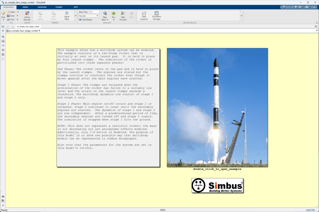 Example model of a simple two-stage rocket provided with Simbus products. The example shows how reconfigurable physical systems can me modeled in Simbus Bondgraphs.