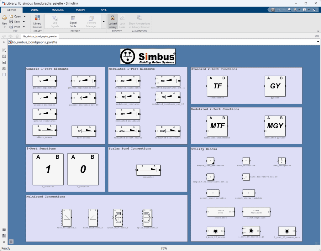 Palette view of the Simbus Bondgraphs library.